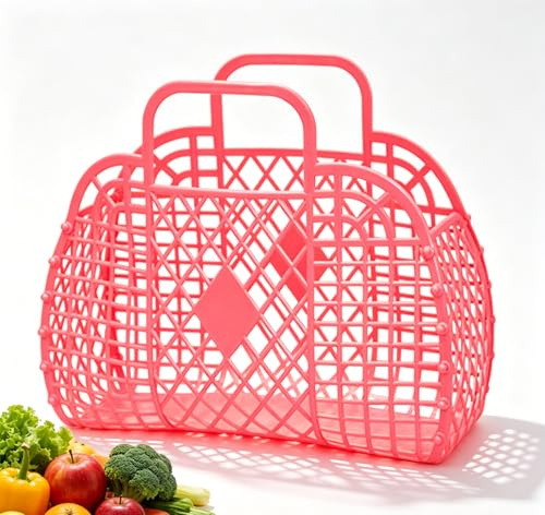 Jwthee Beach Tote Bag, Women’s Plastic Tote Bag with Handle Foldable Reusable Shopping Handbags Basket Hollow Storage Basket for Halloween Xmas
