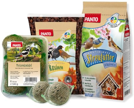 PANTO Energiemix Wildvogelfutter Bundle, Rosinen 1 kg, Streufutter schalenlos 1 kg & 6 Meisenknödel im Netz, energiereiches Vogelfutter, ganzjährig - für Körner- und Weichfresser