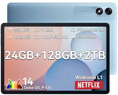 Blackview Tablet 11 Zoll Tab90 Android Gaming Tablet 4G LTE+5G WLAN 24GB(8+16) RAM 128GB ROM (2TB TF) 8200mAh 5MP+13MP Unisoc Tablets Octa-Core, Face ID/GMS/GPS/3.5MM Kopfhörerbuchse/BT5/Widevine L1