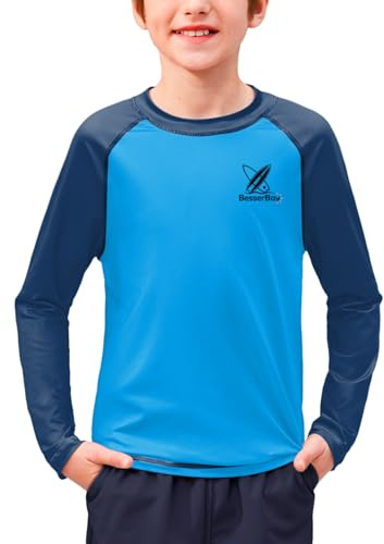 BesserBay Big Kids Long Sleeve Rash Vest Sun Protection Swimming Shirt Crew Neck Swim Top Blue Navy 13-14 Years