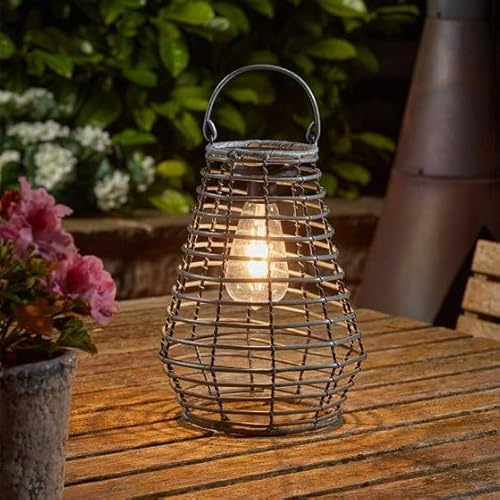 Garden Mile Solar LED Rattan Lantern Outdoor Hanging Light - Grey Solar Powered Table Lamp for Garden Decor, Patio Ambience, Waterproof Decorative Lantern for Pathway and Alfresco Dining