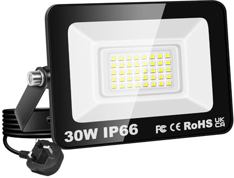 RIGIDON Led Outdoor Floodlight, 1x 30W 3000LM Flood Lights with Plug, Mains Powered Security Lighting, Outside for Garage Garden Yard Patio, Waterproof Workshop Job Site Work Lamp, 6000K Cold White