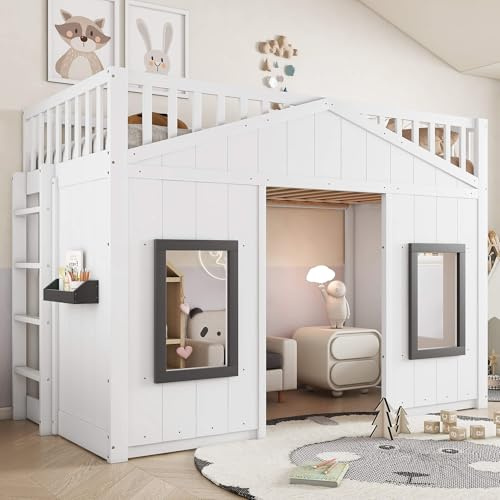 Cama alta 90 x 200 cm con escalera y protección contra caídas, cama infantil con espacio de almacenamiento y somier, marco de cama con protección anticaídas, color blanco