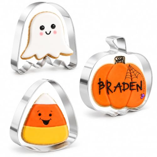 Große Halloween Ausstechformen, 3 Stück Edelstahl | Kürbis, Geist und Candy Corn Formen für Plätzchenteig, Fondant und Halloween-Gebäck