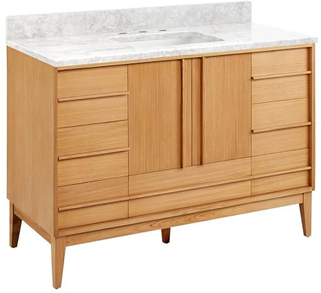 Signature Hardware 955208-48-RUMB-3 Sybill 48 Freestanding Teak Single Basin Vanity Set with Cabinet, Vanity Top, and Rectangular Porcelain Sink - 8 Faucet Holes - Natural Teak/Carrara