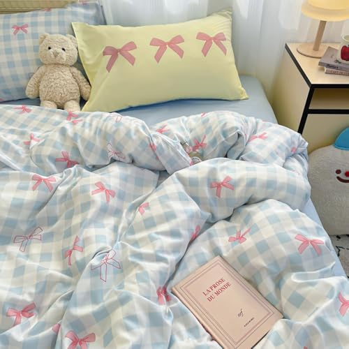 Covebett Housse de Couette 140x200 à Carreaux Bleu et Rose Nœud Papillon Romantique Parure de Lit Adulte 1 Personne en Microfibre Linge de lit avec Fermeture Éclair et 1 Taies d'oreiller 65x65cm