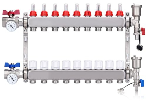 9 Heizkreise Heizkreisverteiler mit 1 Kugelhähne & Thermometer Edelstahl