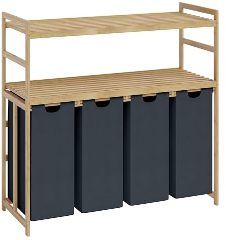 Bellamio Newa Wäschekorb 4 Fächer, 4x50 L, 2 Ablagen, Dunkelgrau, Bambus | Wäschesammler, ausziehbare & abnehmbare Wäschesäcke, Wäschesortierer, Wäscheboxen, Schmutzwäschebehälter, Bad & Schlafzimmer