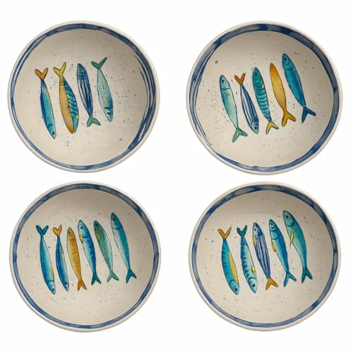 isigno Juego de 4 Bols de Cerámica Artesanal Diseño Mediterráneo con Peces Pintados a Mano Perfecto para Ensaladas Sopas Postres y Uso Diario