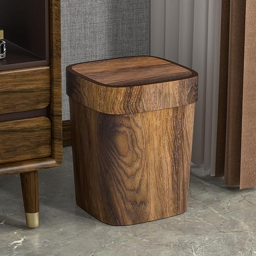 Generisch 12L Retro Mülleimer Holzoptik Mit Klappdeckel Rechteckiger Abfalleimer Aus Kunststoff Für Küche Badezimmer Schlafzimmer Platzsparend (Braun)