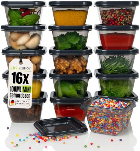 idea-station Gefrierdosen klein - 16 Stück - 100 ml - ideal für Kräuter | Deckel + BPA-frei + Stapelbar - mini Behälter zum Einfrieren - bruchfestes Dosen Set - vielseitige Vorratsdosen aus Plastik