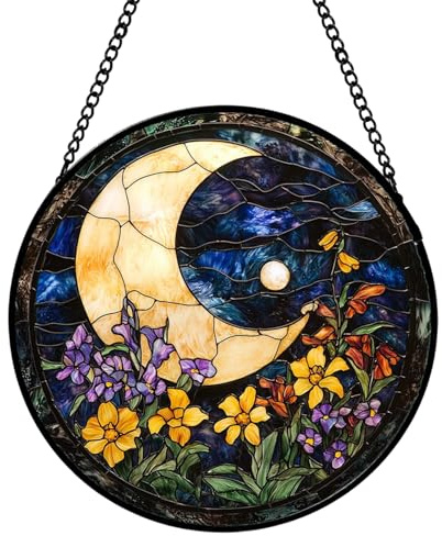 Sonnenfänger, Fensterdeko Hängend mit Mond Nacht Himmel Motiv, Acryl Hängedeko, Stained Glass Effekt Wanddeko für Wohnzimmer, Küche, Balkon, Glastüren, Terrasse, 20×20cm