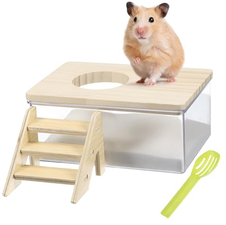Didiseaon Hamster Sand Bath Kit Wooden Sandbox with Climbing Ladder and Sand Scoop for Small Animals Multi-functional Small Pet Bathroom for Bathing and Playing