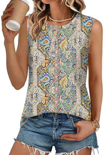 LOMON Women's Crew Neck Tank Top with Buttons Ethnic Prints XL | Soft Lightweight Sleeveless Tee Shirts, Loose Fit Flowy Summer Basic Clothes for Layering, Casual & Vacation