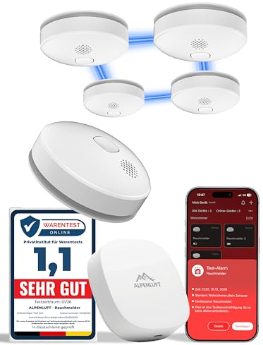 ALPENLUFT Rauchmelder mit Smart App 10 Jahre Batterie, TESTSIEGER Feuermelder Funk und WLAN Vernetzt, Rauchwarnmelder, Brandmelder, Funkrauchmelder Vernetzbar Ohne Bohren, Ohne LED Blinken, 5er + HUB