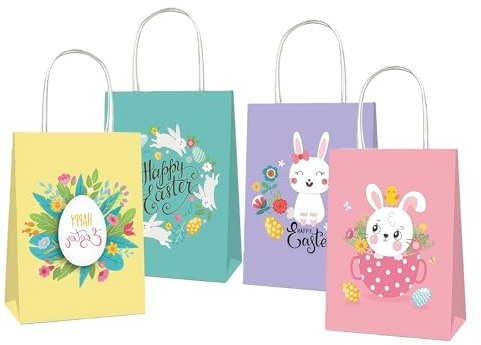 4 Pcs Easter Gift Bags with Handles, Reusable Easter Bags for Kids, Easter Basket for Egg Hunt, Easter Gift Bag for Sweets & Treats, Easter Baskets for Kids Party Favors,Tote Bag for Chocolate & Candy