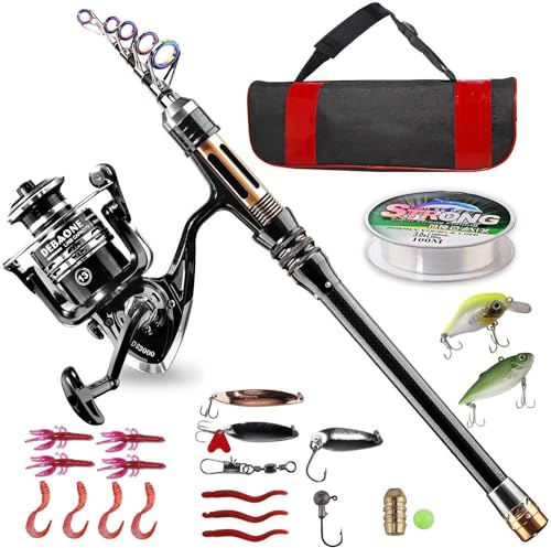 Angelrute Set Komplett,Angelset Angelruten Teleskoprute und Spule Combo Kit mit Angelschnur Angelköder Set und Tragetasche für Salzwasser Süßwasse Fishing