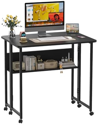 homewell Mesa de ordenador plegable con estantes, mesa de oficina con ruedas, mesa auxiliar, mesa de ordenador para sala de estar, estudio, dormitorio (negro)