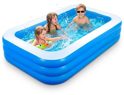 Paddling Pool - 205×125×50cm Rectangular 3-Ring Inflatable Pool, Extra Large Family Size Water Fun Centre, Stable Outdoor Garden Paddling Pool