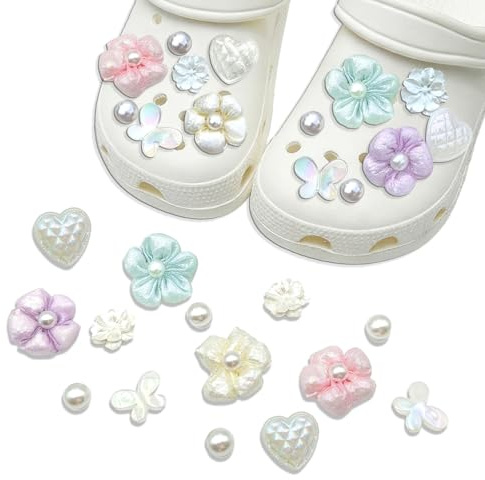 BSITSSS 14 Pièces Breloques pour Chaussures, Fleur Perles Charms pour Crocs, Fleur Bijoux Charmes De Chaussure Accessoires Pins pour Crocs Fête Cadeaux Anniversaire
