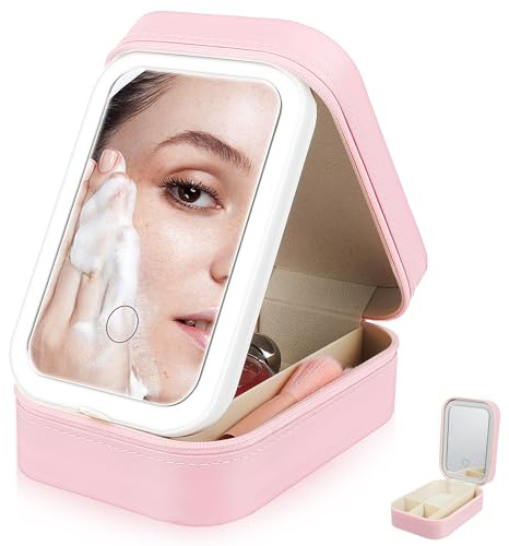 LIFKICH Pink Travel Makeup Case with LED Mirror and 1200mah Battery, Pu and Glass Material, Sturdy Construction, Cute Design for Organizing Jewelry and Women’s Beauty Essentials
