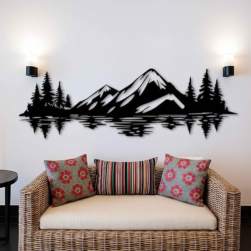 Berge und Bäume Metall Wanddekoration, Bergsee Wandkunst mit Kiefernwald Reflexion, Naturlandschaft Metall Wandskulptur, moderne rustikale Wohnzimmer Schlafzimmer Büro Wanddekoration