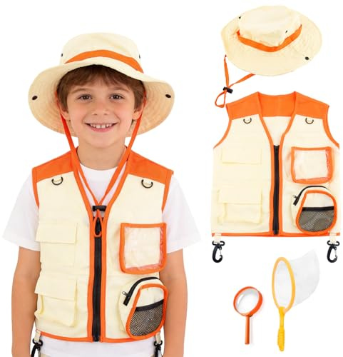 Mtbricey 4PCS Kid Explorer Costume Kit Outdoor Adventure Set Safari Costume for Boys Girls Safari Vest Hat Magnifying Glass Bug Hunting Net Washable Outdoor Adventure Outfit for Dress up