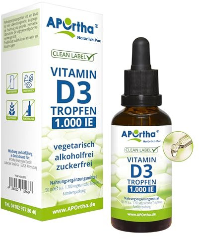 APOrtha® Vitamin D3 Tropfen, 1000 I.E. 25 µg pro Tropfen, ca 1.700 vegetarische Tropfen, 50 ml, hochdosiert, allergenfrei, alkoholfrei, zuckerfrei, glutenfrei, Alternative zu Kapseln und Tabletten