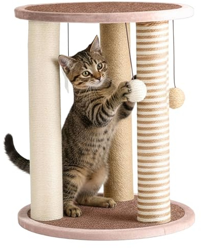 Cat Scratching Post - 3 Scratcher Posts with Carpeted Base Play Area and Perch - Furniture Scratching Deterrent for Indoor Cats by PETMAKER (Brown), Large