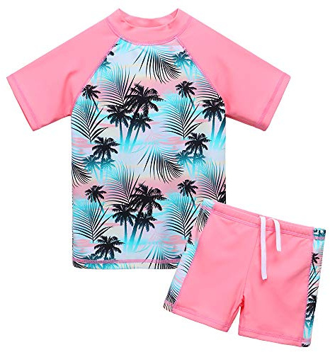 ZNYUNE Niña Traje de Baño Impreso 2 Piezas Top Manga Corta + Shorts 200 Coco-Rosa NO.14A