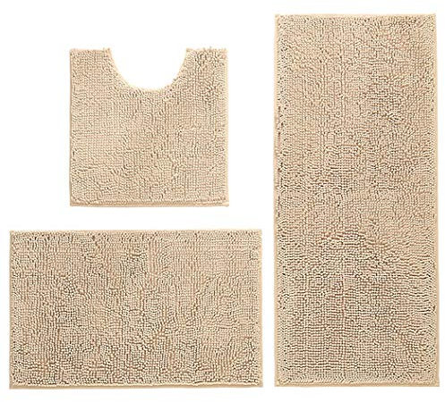 Hodeacc 3 Pcs Non Slip Chenille Bath Mat Set,High Water Absorbent Density Soft Microfiber Toilet Mat Toilet Pedestal Mat Machine Washable Bathroom Mats Carpet 50x50cm/40x60cm/50x80cm (Camel)