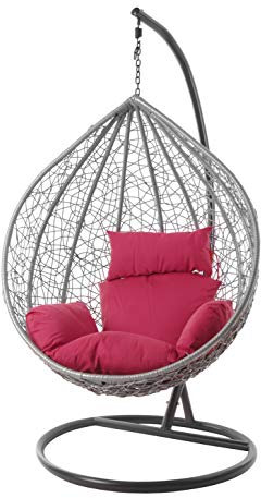 Kideo® Komplettset: großer Hängesessel mit Gestell & Kissen, Lounge Möbel, Poly-Rattan, XXL, grau (Kissen: pink Nest (3333 hot pink))