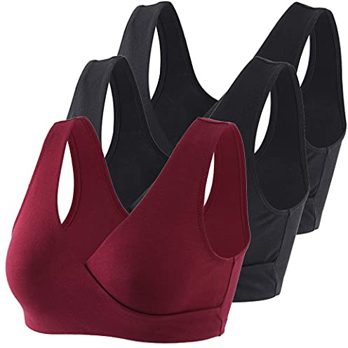 COLOMI Maternity Nursing Bra Wireless Cotton Breastfeeding Bra for Sleep (Black+Black+Red Wine/3Pack, L, l)