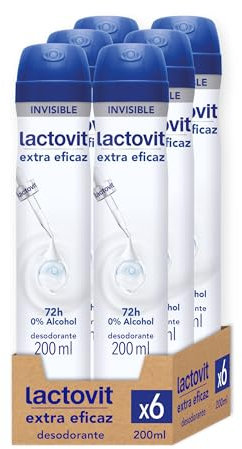 Lactovit Desodorante en Spray Extra Eficaz, Máxima Protección 72 Horas, sin Alcohol ni Irritaciones, Desodorante Invisible, Equilibrio Óptimo entre Eficacia y Cuidado- Pack de 6 x 200 ml