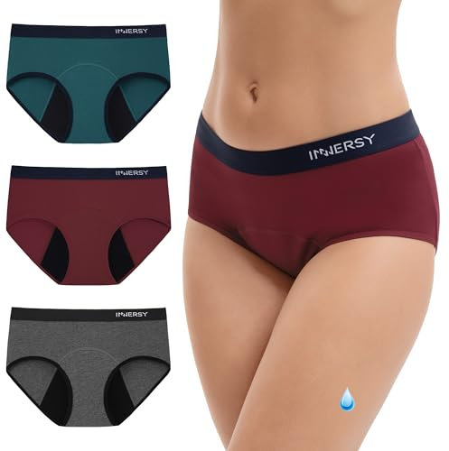 INNERSY Perioden Unterwäsche Leichte Blutung Menstruation Periodenslip Baumwolle Waschbar 3er Pack (S, Grau/Weinrot/Blau)