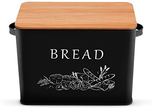 P&P CHEF Bread Box for Kitchen Counter, Metal Bread Storage Bin with Wooden Cutting Lid, Large Capacity for Holding 2+ Loaves, Retro Modern Style, Size 13” x 7.2” x 9.7”, Black