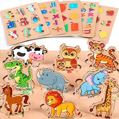 lenbest 6er Set Kinder Holzpuzzle - Montessori Spielzeug - Tier Alphabet Nummer Fahrzeuge Form Frucht Holzspielzeug - Puzzle Steckpuzzle Lernspielzeug Kinderspielzeug 2 3 Jahre - Ostern Geschenke