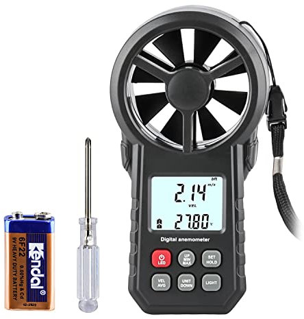 Digitaler Anemometer, tragbarer Luftdurchflussmesser, CFM-Messgerät für HLK-Lüfter/Schießen/Drohne, Windmesser, Luftstromgeschwindigkeitsmesser mit Windtemperatur-/Feuchtigkeitssensor-Schwarz