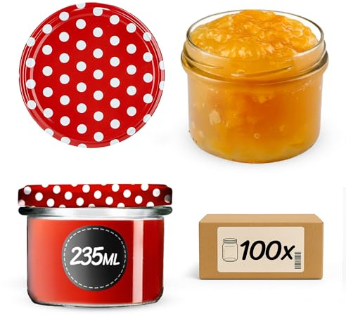 KADAX 100er Set Marmeladengläser 235ml TO82 Rot gepunktet, Einmachgläser Vorratsgläser Mason Jar mit Schraubdeckel, Luftdichte Schraubgläser, Honig & Konfitüre