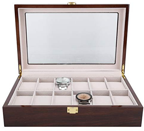 Alvinlite Uhrenbox mit 12 Fächern, Uhrenkasten Uhren Aufbewahrungsbox mit Glasdeckel, Uhrenbox aus Holz, Premium Uhrenschatulle, Geschenkidee, Uhrenbox Herren Geschenk für Boyfriend Ehemann