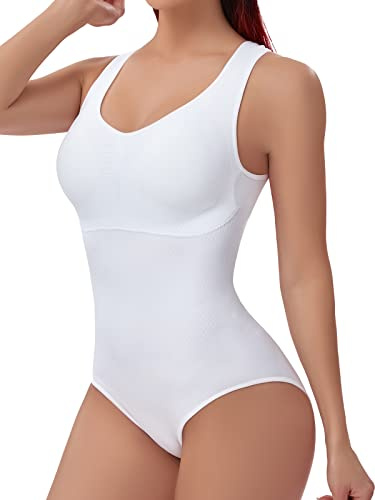 Joyshaper Kvinnors skulpterande bodysuit med bh kroppsformande platt mage osynlig bodysuit shapewear slimmande jumpsuit, Vitt och blått, XXL