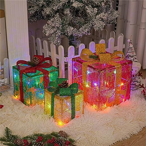 Herfair 3er Weinachten Schachtel,Weihnachtstag Deko Lichterkette,Beleuchtete Weihnachtsbox,Lichterkette Innen und Außen Deko,für Weihnachtstag, Party, Zimmer, Gärten, Hochzei (A)