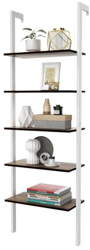 HOMASIS Scaffale a Scala con 5 Livelli, Librerie da Parete con Struttura in Metallo, Mensola da Muro Autoportante per Ufficio, Soggiorno, Cucina, Bagno, 61 x 30 x 183 cm (Bianco)