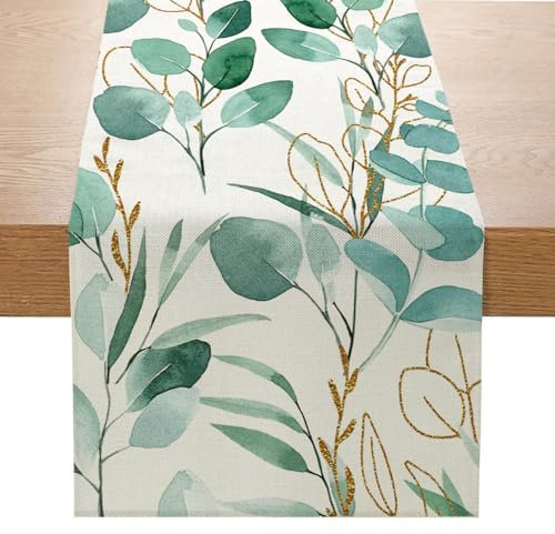LOZULO Grün Gold Eukalyptus Frühling Tischläufer 40x140, Outdoor Tischläufer Wetterfest Sommer Table Runner Abwaschbar Natur Landhausstil Deko Tisch Läufer Draußen Party