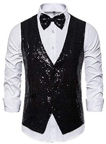 Gilet de Costume à Paillettes pour Hommes - Veste Sans Manche pour Fête de Carnaval, Tenue De Soirée - Ensemble Avec Cravate (Chemise Non Incluse)