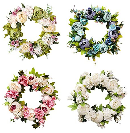 Xnferty 15,7 Zoll Seiden-Pfingstrosen-Blumenkranz, Künstlicher Bauernhaus-Blumenkranz, Handgefertigter Vintage-Blütenkranz, Blumen-Türkranz, Künstlicher Frühlingsgirlanden-Kranz für Tür,(ROSA)