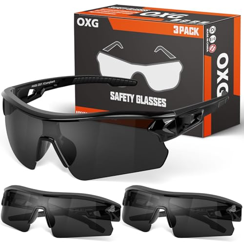 OXG 3 Pack Tinted Safety Glasses for Men, ANSI Z87.1 Work Glasses Scratch Impact Resistant Protective Eyewear for Industrial Shooting Women