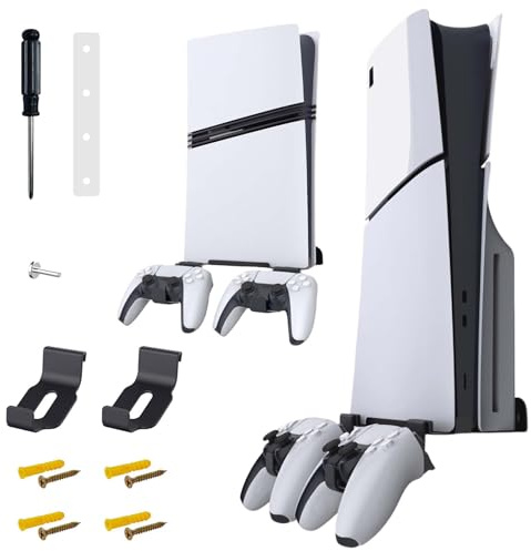 AriKroii Support pour Console PS5 Slim, Accessoire Mural avec Support pour Console de Jeu, Support Double Manette, Support d'affichage, Crochet de poignée pour Console de Jeu PS5 Compatible avec Play