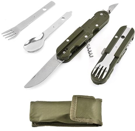 NIYATA Outils de Camping en Plein Air,Couvert Multifonction Camping 5 en 1,Couteau Cuillere Fourchette,Couverts Camping Inox Pliable,Couteau Bivouac,pour Aventures,Pique-niques,Camping