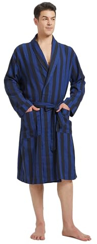 FashGudim Badrock män bomull lätt tunn kort morgonrock män rutig sommar halsduk krage skotsk mönster, Blå och svart randig, 6XL